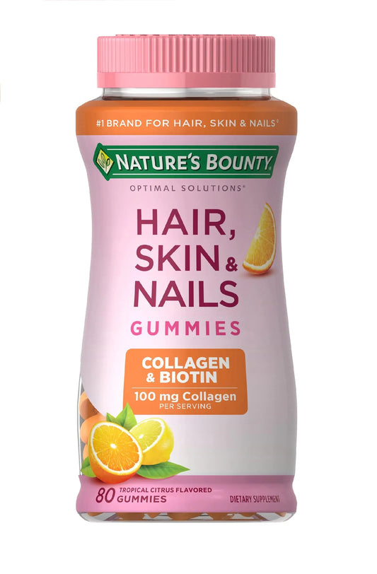 Natures Bounty Optimal Solutions Hair Skin & Nails with Biotin and Collagen Citrus-Flavored Gummies Vitamin Supplement 2500 mcg 80 Ct