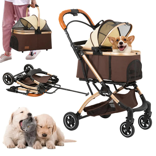 Pet Stroller for Dog and Cat Pet Folding Stroller 4 Wheels Dog/Cat Puppy Stroller Removable Travel Carrier for Small Dog Waterproof Pad Car Seat Sun Shade